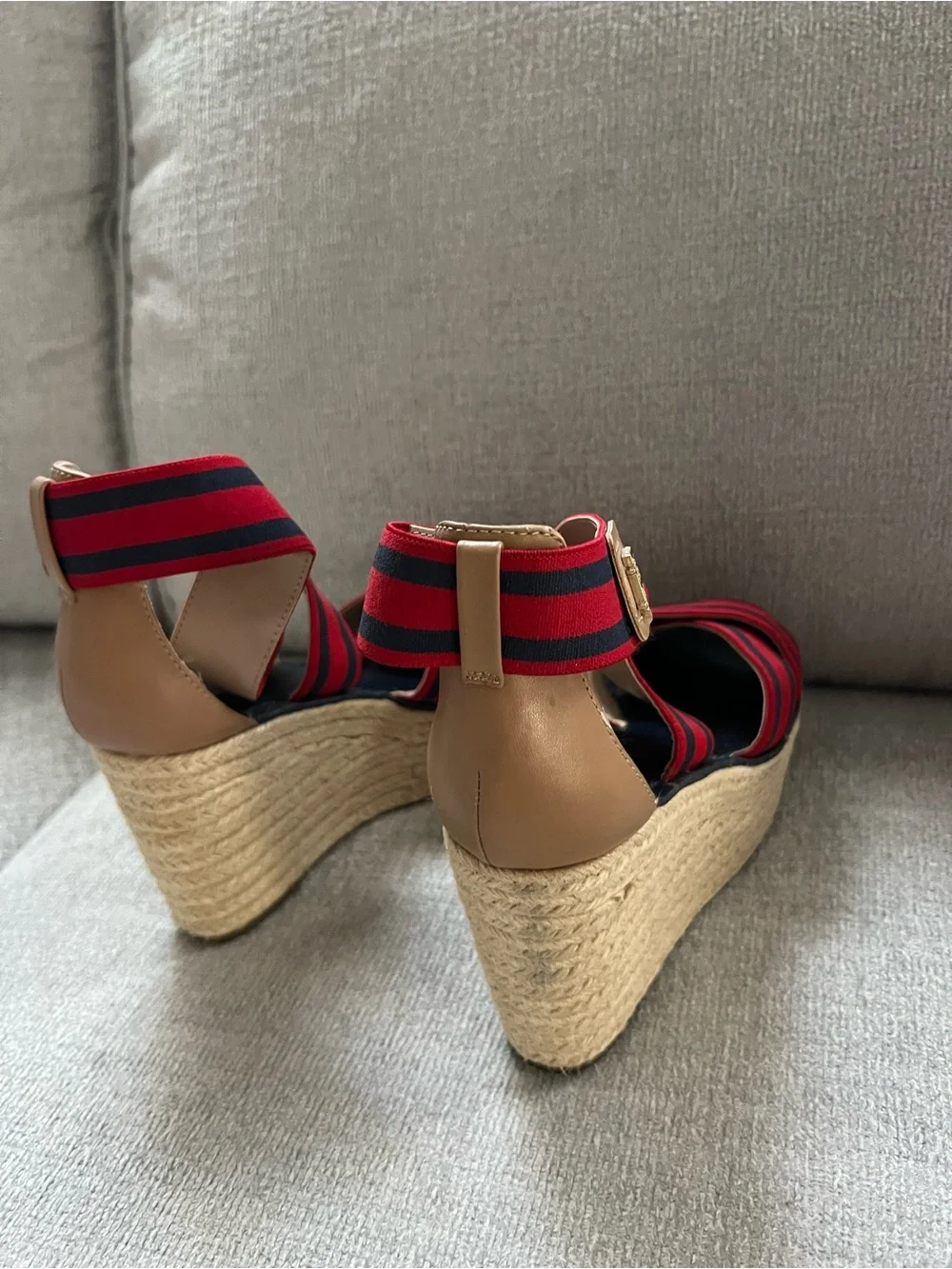 Tommy Hilfiger Red and Black Striped Espadrille Wedge Sandals